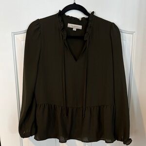 LOFT Women's Dark Green Ruffle Blouse
